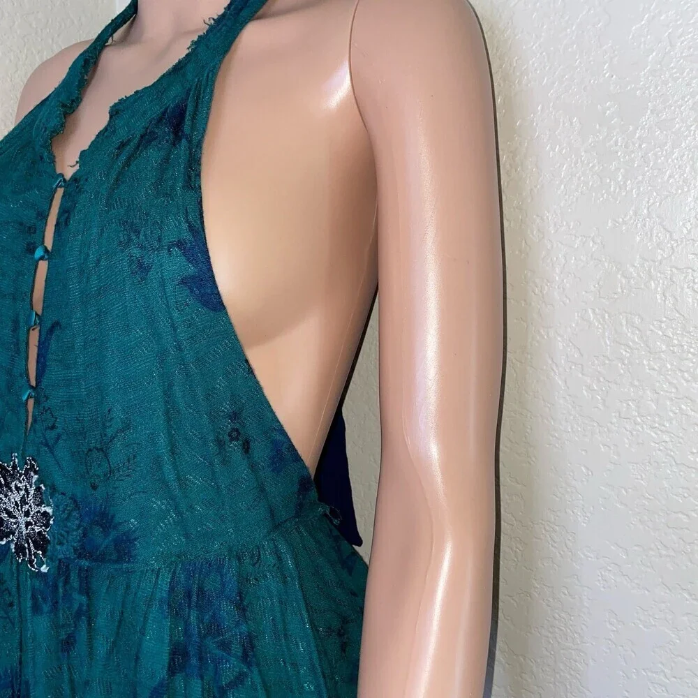 Free People top blouse tunic style halter tie back green flowy embroidered SZ S